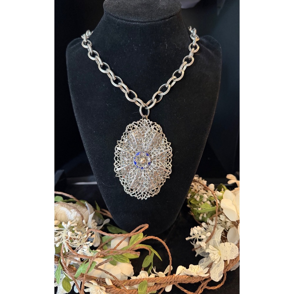 Vintage Silver Tone Filigree Pendant Necklace Blue Enamel Statement Chain 18in